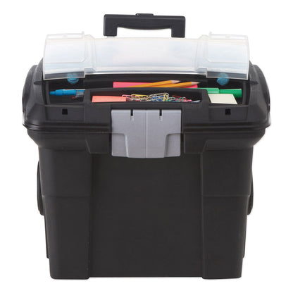 Storex Premium Mobile File Transport Box with Telescoping Handle and Organizer Tray, Letter Files, 15" x 16.38" x 14.25", Black/Gray