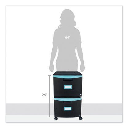Storex Two-Drawer Mobile Filing Cabinet, 2 Legal/Letter-Size File Drawers, Black/Teal, 14.75" x 18.25" x 26"