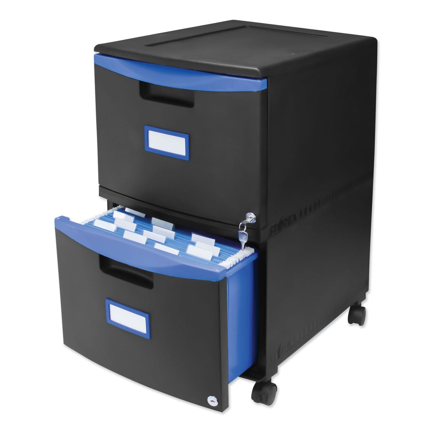 Storex Two-Drawer Mobile Filing Cabinet, 2 Legal/Letter-Size File Drawers, Black/Blue, 14.75" x 18.25" x 26"