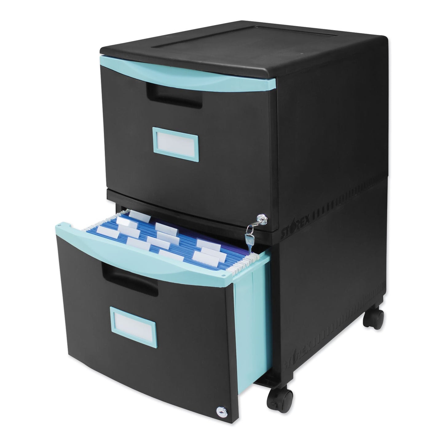 Storex Two-Drawer Mobile Filing Cabinet, 2 Legal/Letter-Size File Drawers, Black/Teal, 14.75" x 18.25" x 26"