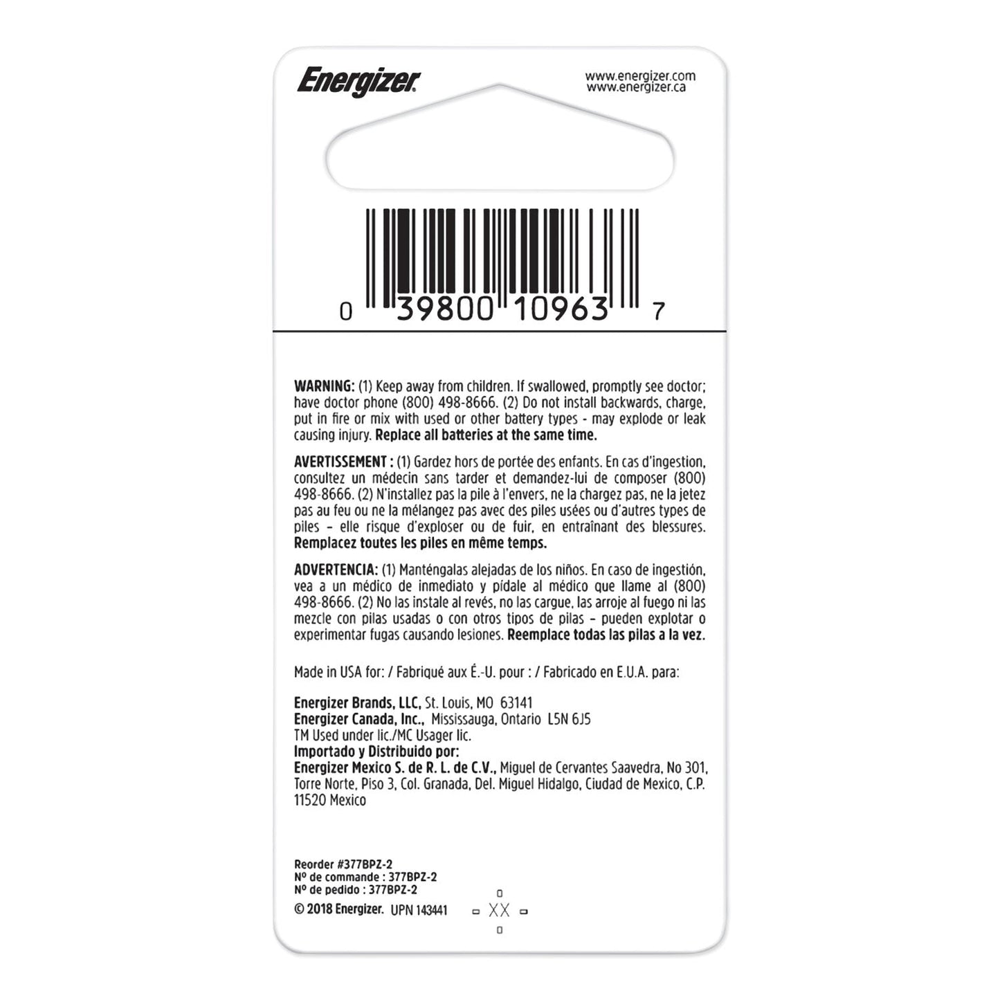 Energizer 377 Silver Oxide Button Cell Battery, 1.5 V, 2/Pack