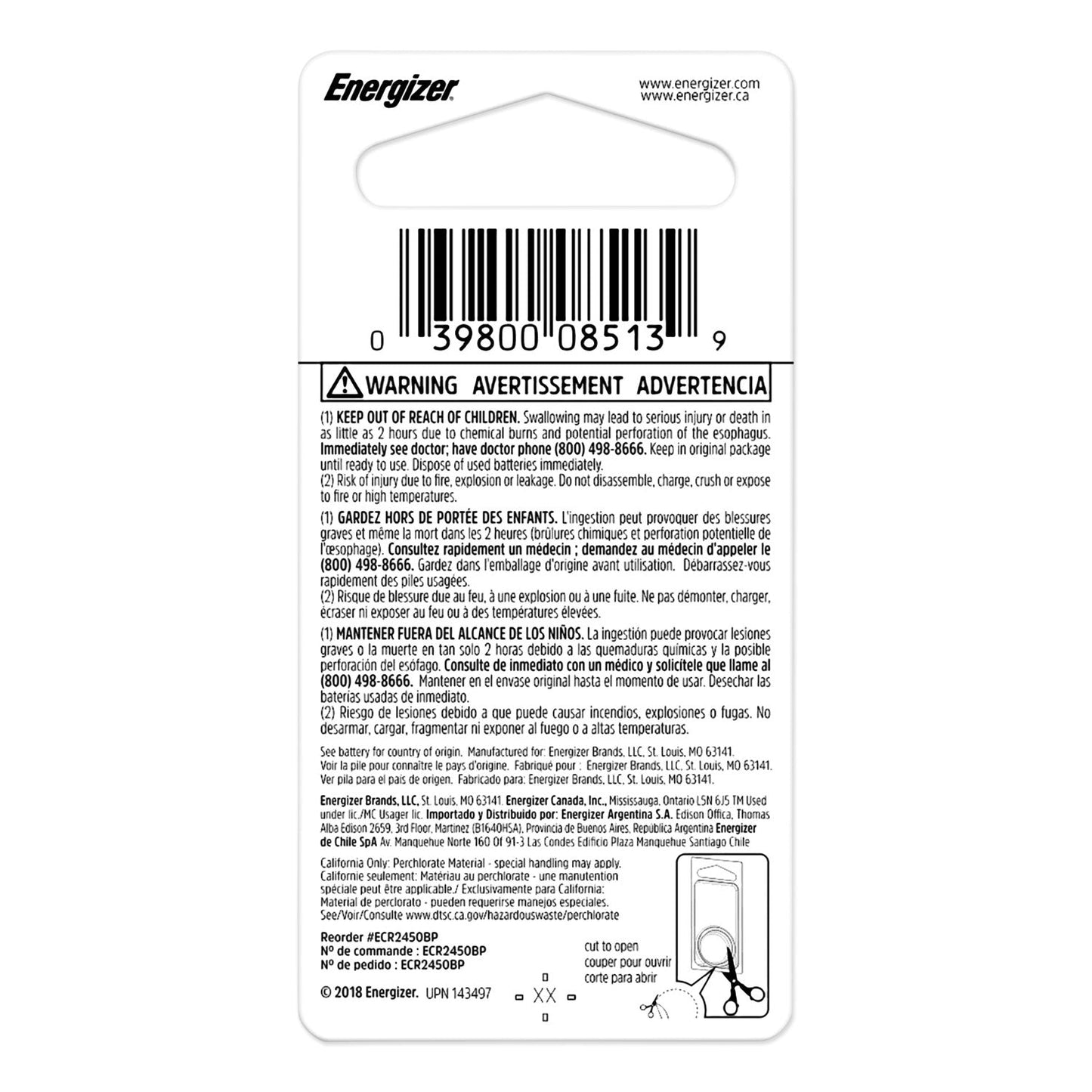 Energizer 2450 Lithium Coin Battery, 3 V