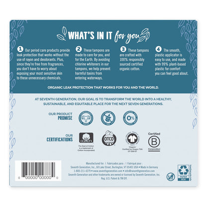 Seventh Generation Organic Cotton Tampons, Regular, 18/Pack, 6 Packs/Carton