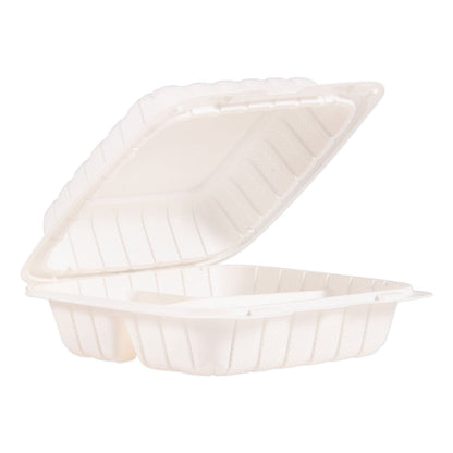 ProPlanet Hinged Lid Containers, 3-Compartment, 8.3 x 8 x 3, White, Plastic, 150/Carton
