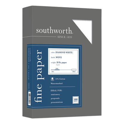 Southworth 25% Cotton Diamond White Business Paper, 95 Bright, 20 lb Bond Weight, 8.5 x 11, 500/Ream