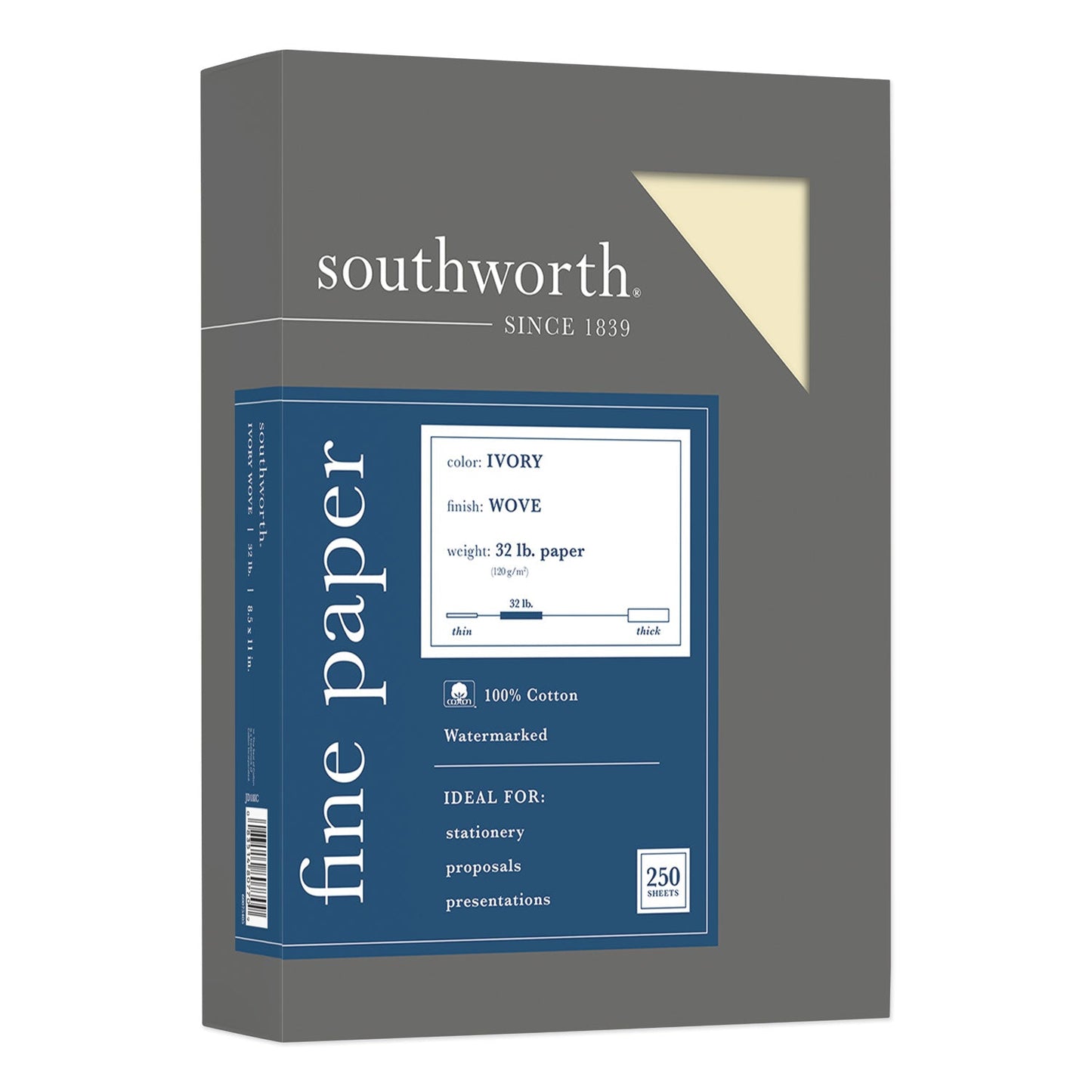 Southworth 100% Cotton Business Paper, 32 lb Bond Weight, 8.5 x 11, Ivory, 250/Pack