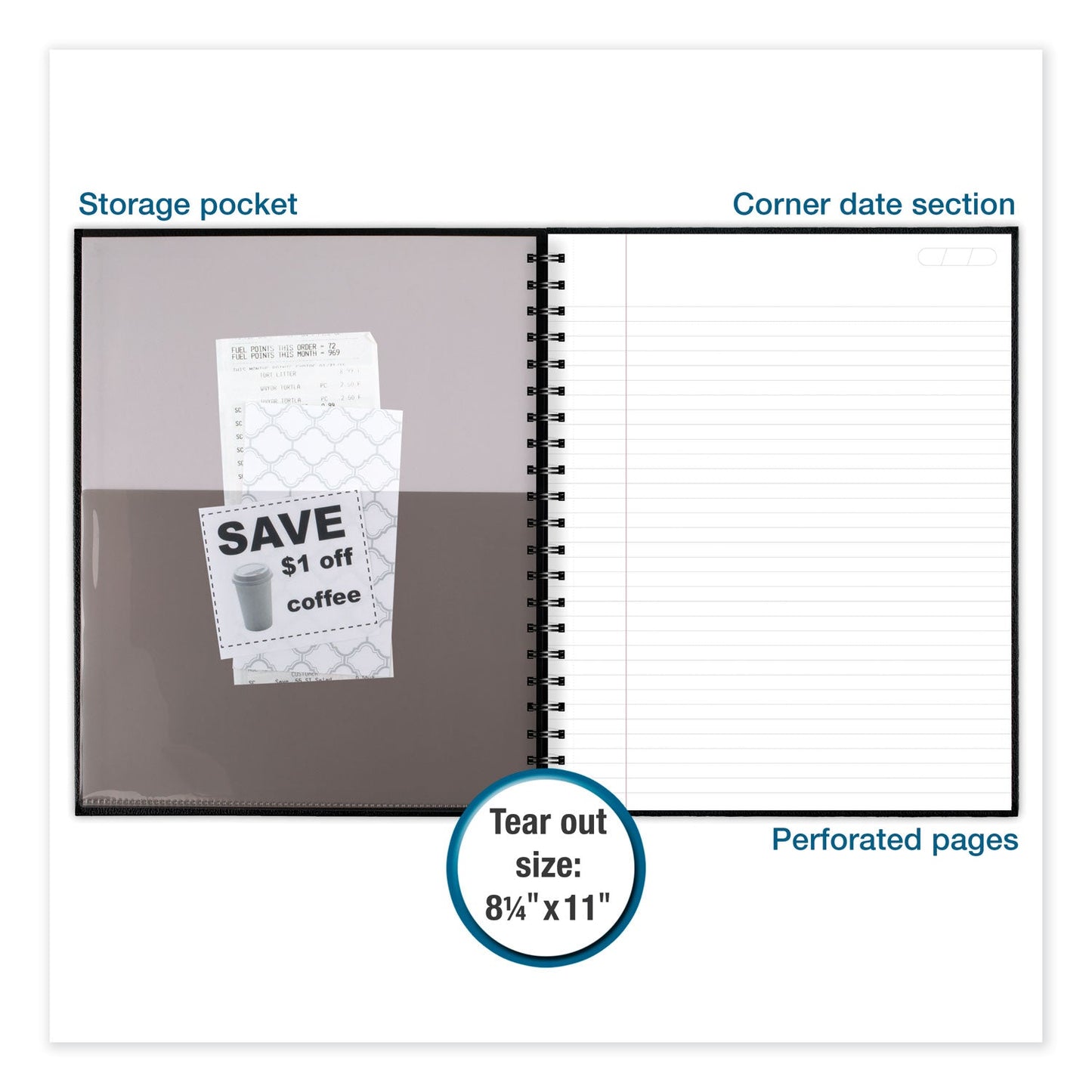 Cambridge Hardbound Notebook with Pocket, 1 Subject, Wide/Legal Rule, Black Cover, 11 x 8.5, 96 Sheets