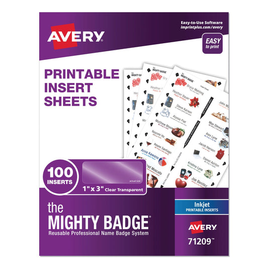 Avery The Mighty Badge Name Badge Inserts, 1 x 3, Clear, Inkjet, 20/Sheet, 5 Sheets/Pack
