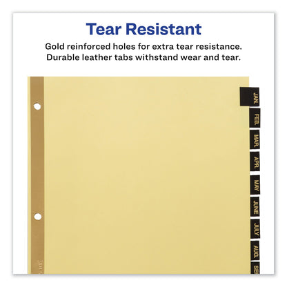 Avery Preprinted Black Leather Tab Dividers w/Gold Reinforced Edge, 12-Tab, Jan. to Dec., 11 x 8.5, Buff, 1 Set