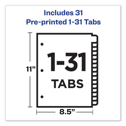 Avery Preprinted Black Leather Tab Dividers w/Copper Reinforced Holes, 31-Tab, 1 to 31, 11 x 8.5, Buff, 1 Set