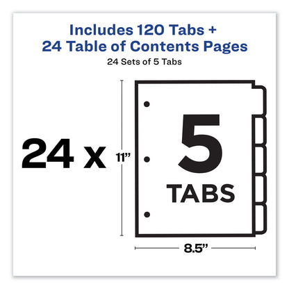 Avery Customizable TOC Ready Index Multicolor Tab Dividers, Uncollated, 5-Tab, 1 to 5, 11 x 8.5, White, 24 Sets