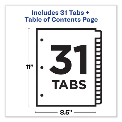 Avery Customizable TOC Ready Index Multicolor Tab Dividers, 31-Tab, 1 to 31, 11 x 8.5, White, Contemporary Color Tabs, 1 Set