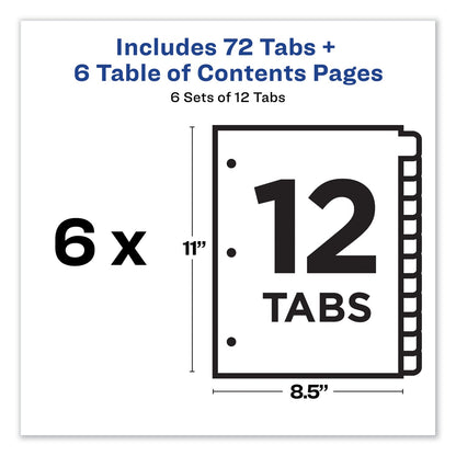 Avery Customizable TOC Ready Index Multicolor Tab Dividers, 12-Tab, 1 to 12, 11 x 8.5, White, Traditional Color Tabs, 6 Sets