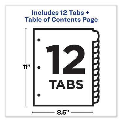 Avery Customizable TOC Ready Index Multicolor Tab Dividers, 12-Tab, 1 to 12, 11 x 8.5, White, Contemporary Color Tabs, 1 Set