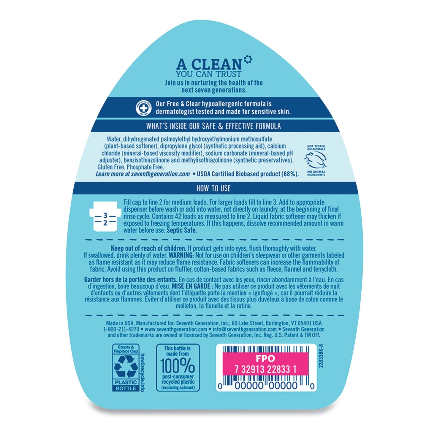 Seventh Generation Natural Liquid Fabric Softener, Free and Clear, 42 Loads, 32 oz Bottle, 6/Carton