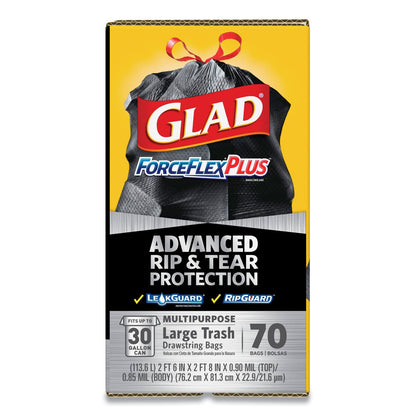 Glad ForceFlexPlus Drawstring Large Trash Bags, 30 gal, 1.05 mil, 30" x 32", Black, 70/Box