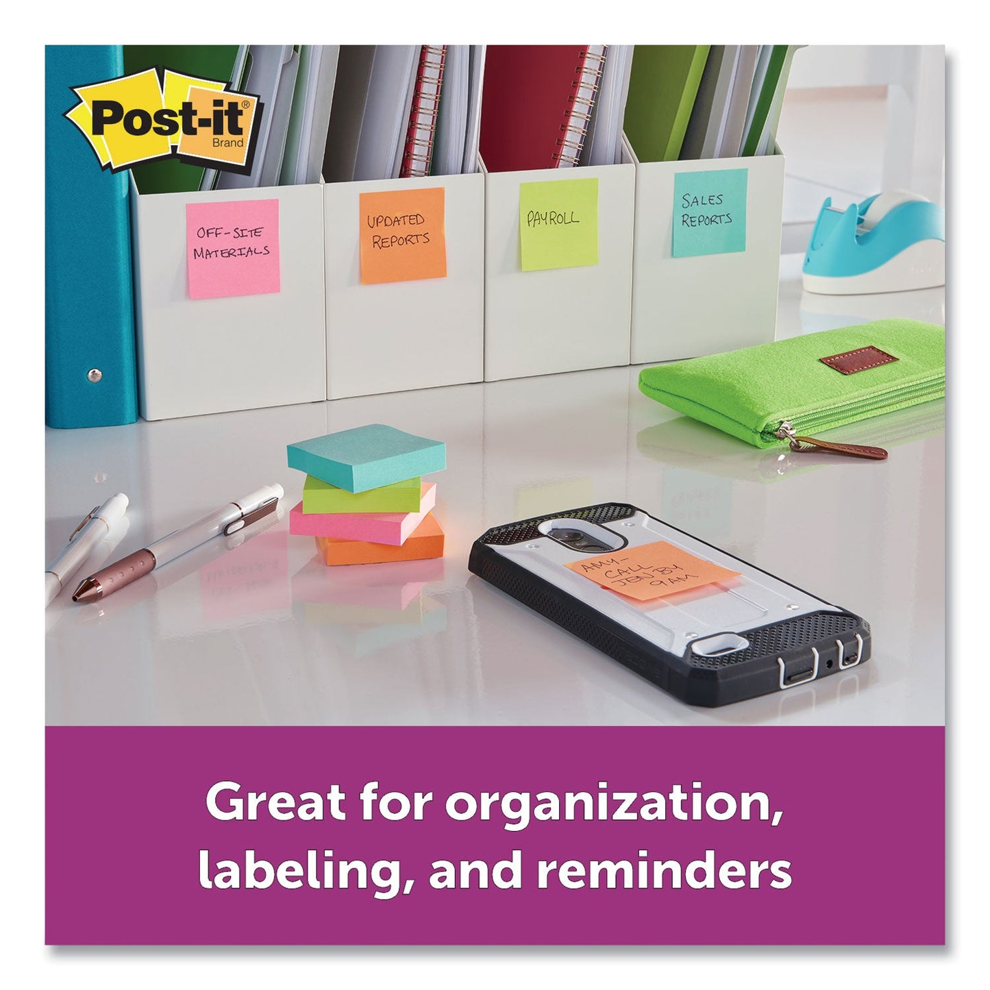Post-it Pads in Supernova Neon Collection Colors, 2" x 2", 90 Sheets/Pad, 8 Pads/Pack
