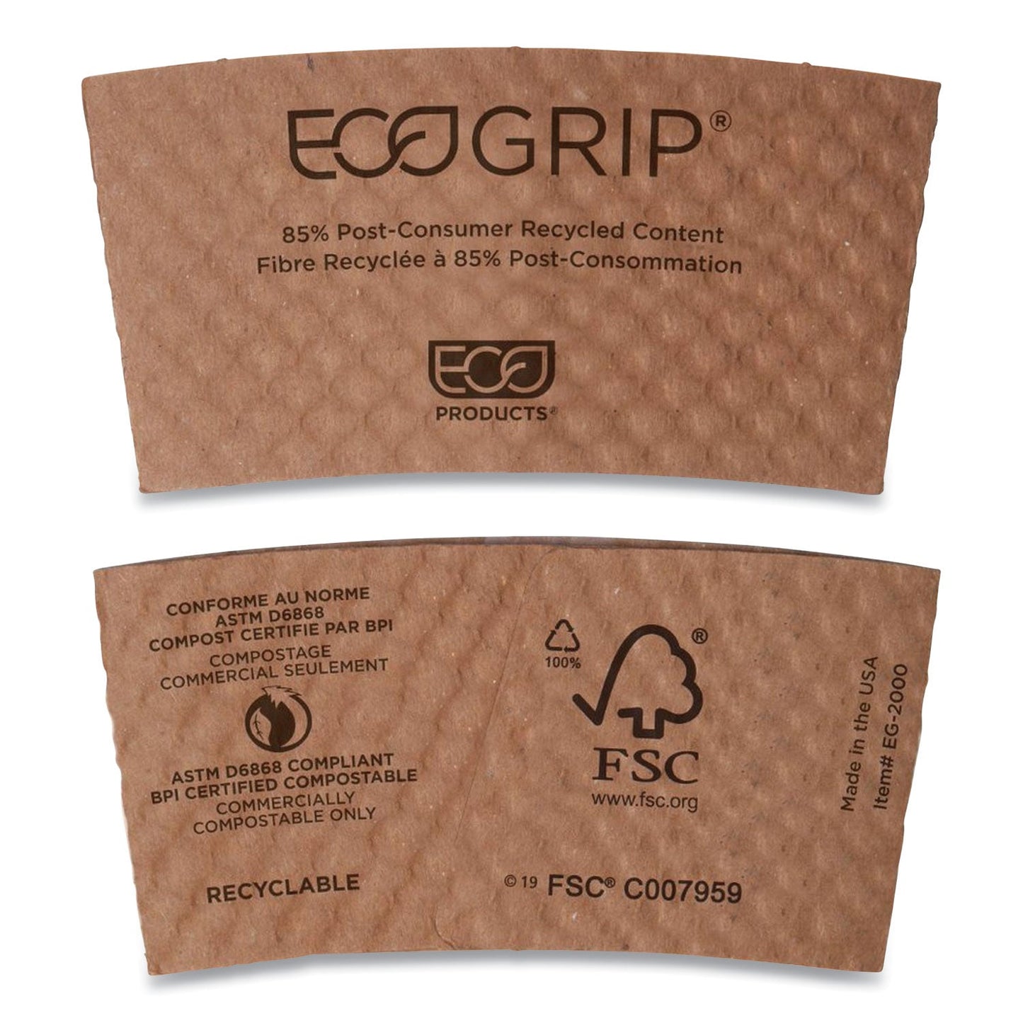 Eco-Products EcoGrip Hot Cup Sleeves - Renewable and Compostable, Fits 12, 16, 20, 24 oz Cups, Kraft, 1,300/Carton