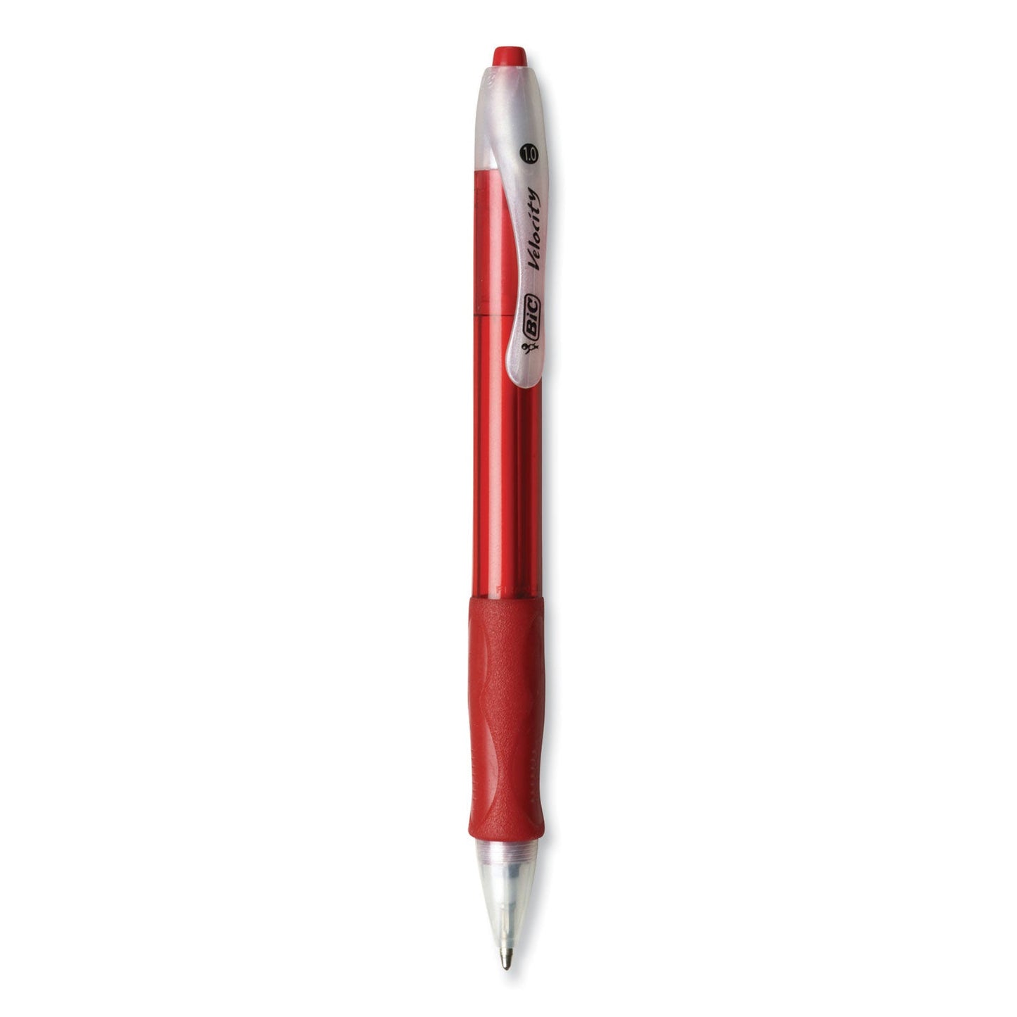 BIC Velocity Easy Glide Ballpoint Pen, Retractable, Medium 1 mm, Red Ink, Translucent Red Barrel, Dozen