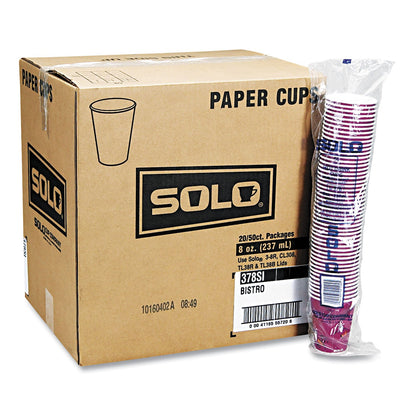 Dart Solo Paper Hot Drink Cups in Bistro Design, 10 oz, Maroon, 1,000/Carton