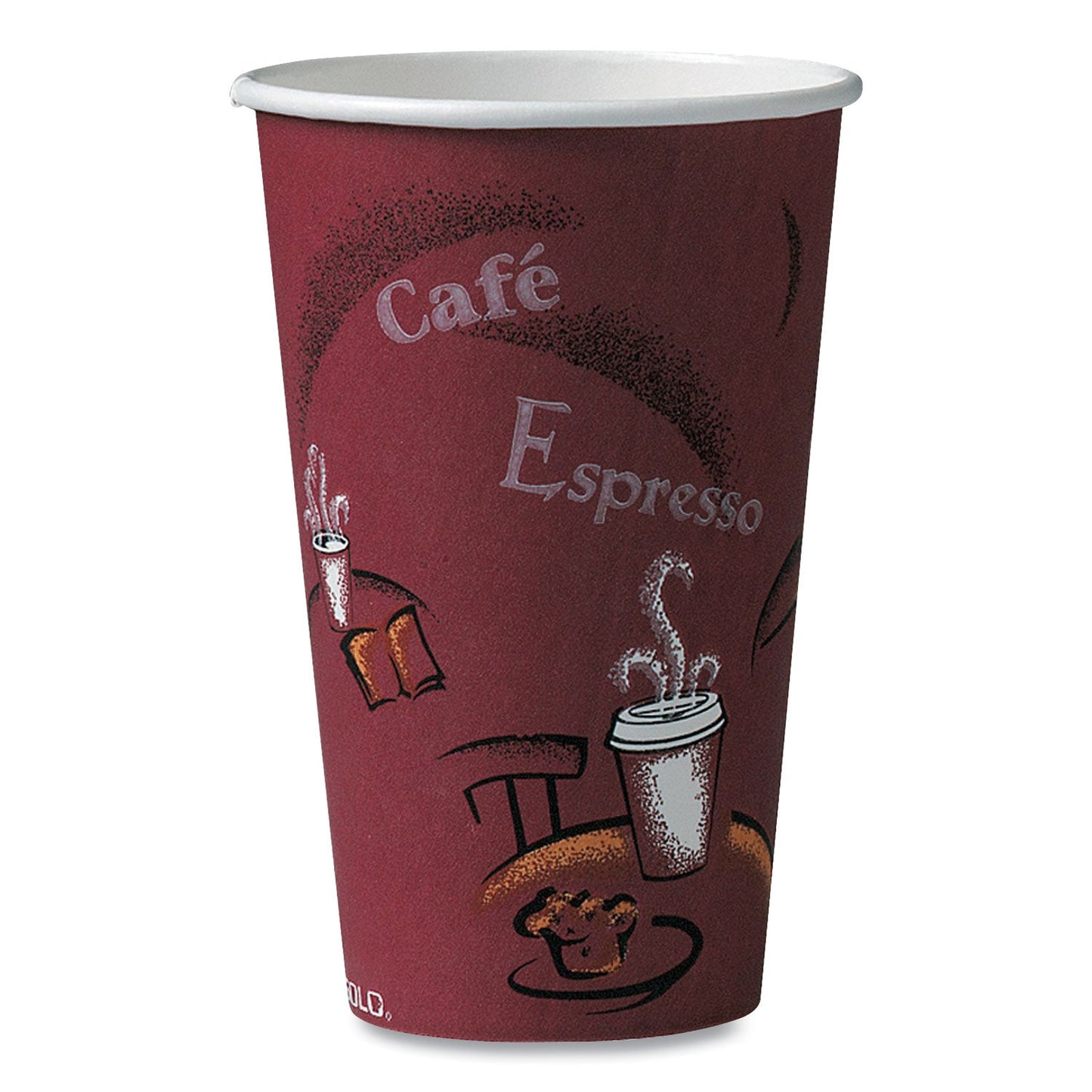 Dart Solo Paper Hot Drink Cups in Bistro Design, 16 oz, Maroon, 1,000/Carton