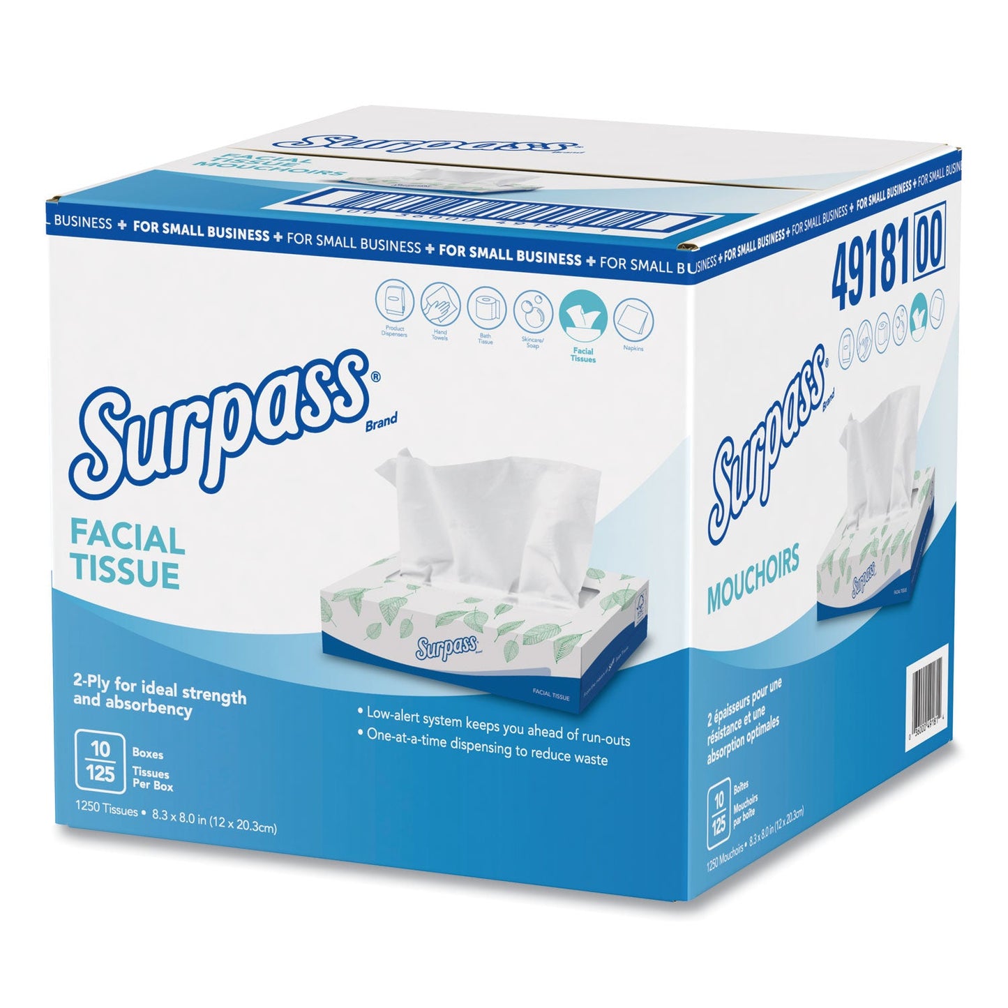 Surpass Facial Tissue, 2-Ply, White, Flat Box, 125/Box, 10 Boxes/Carton