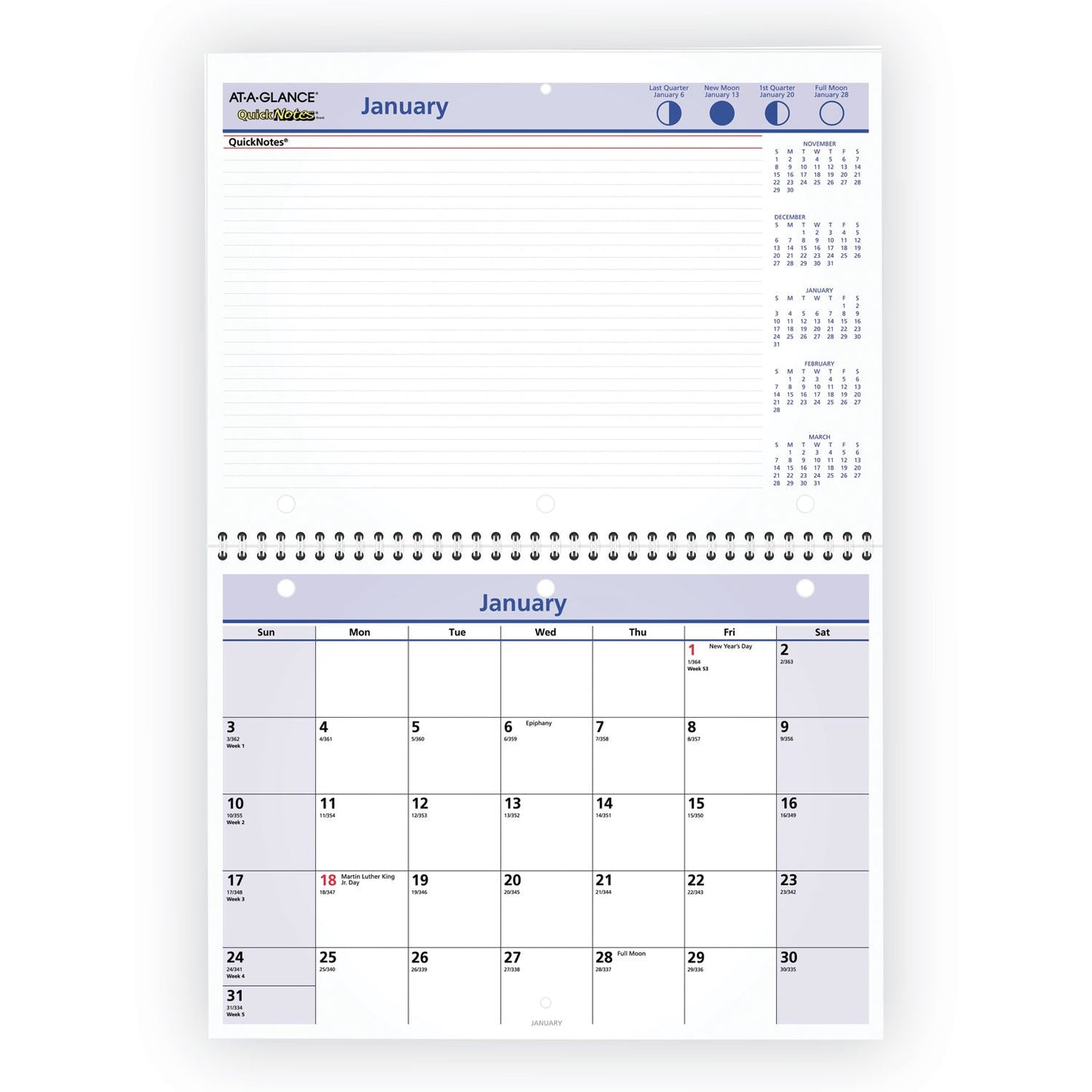 AT-A-GLANCE QuickNotes Desk/Wall Calendar, 3-Hole Punched, 11 x 8, White/Blue/Yellow Sheets, 12-Month (Jan to Dec): 2023