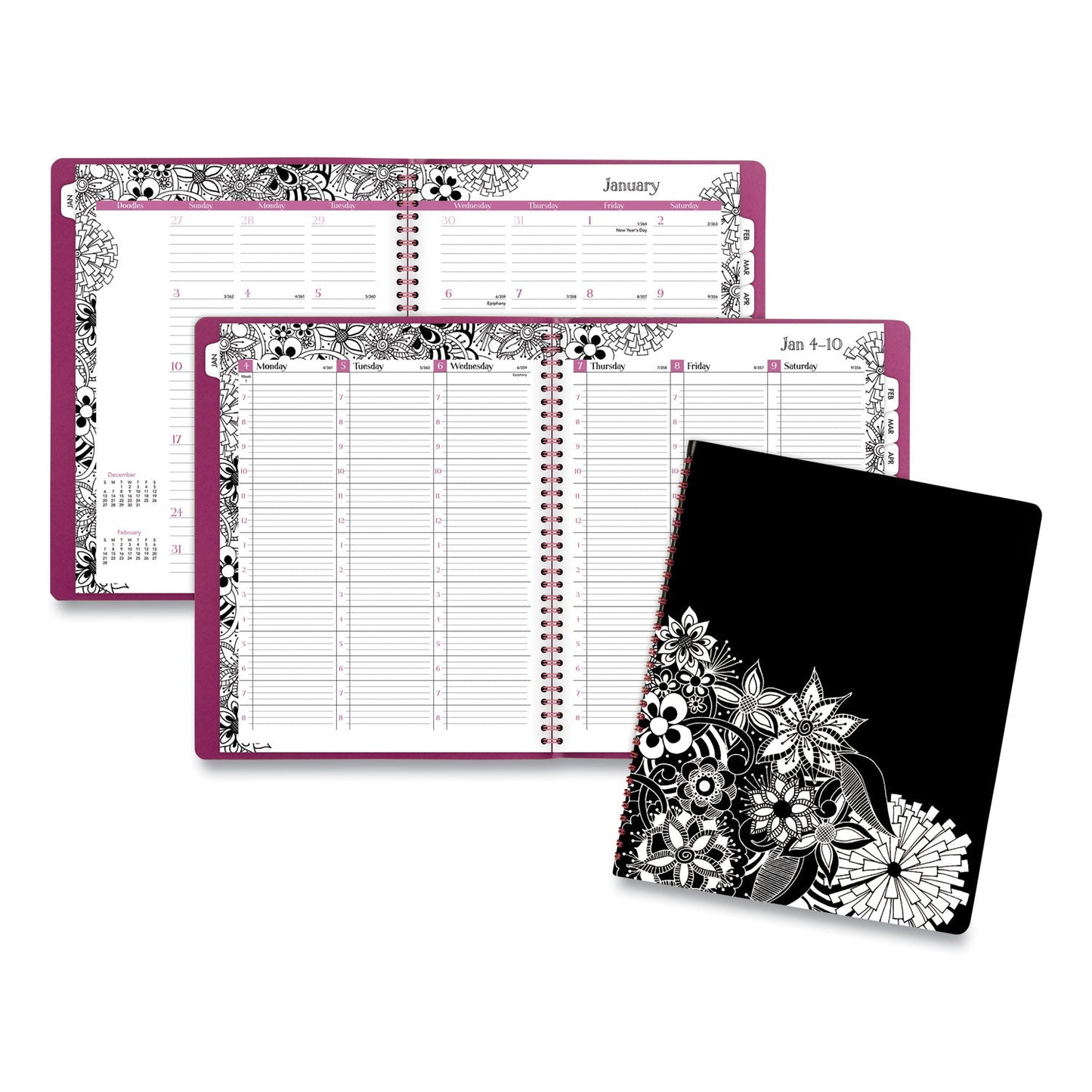 Cambridge Floradoodle Weekly/Monthly Professional Planner, Adult Coloring Artwork, 11 x 8.5, B/W Cover, 12-Month (Jan-Dec): 2023-2024
