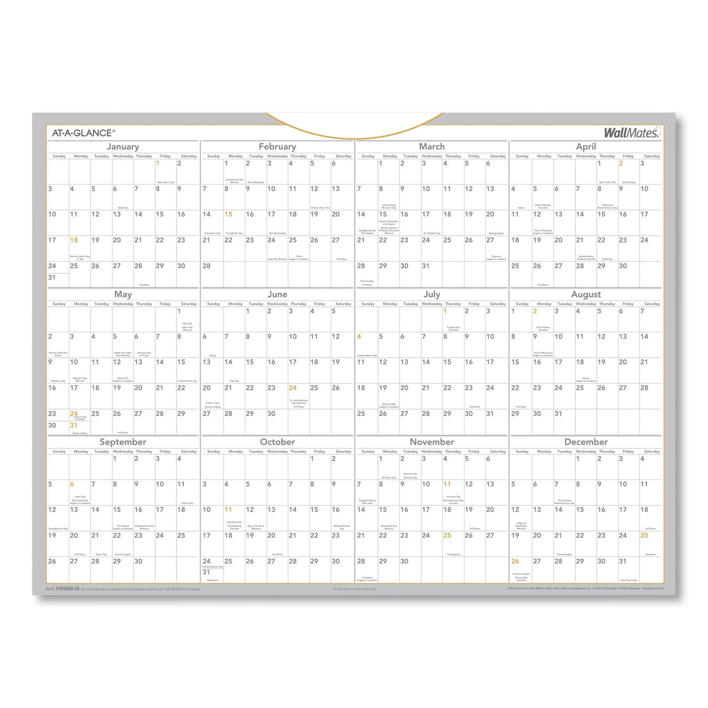 AT-A-GLANCE WallMates Self-Adhesive Dry Erase Yearly Planning Surfaces, 24 x 18, White/Gray/Orange Sheets, 12-Month (Jan to Dec): 2023