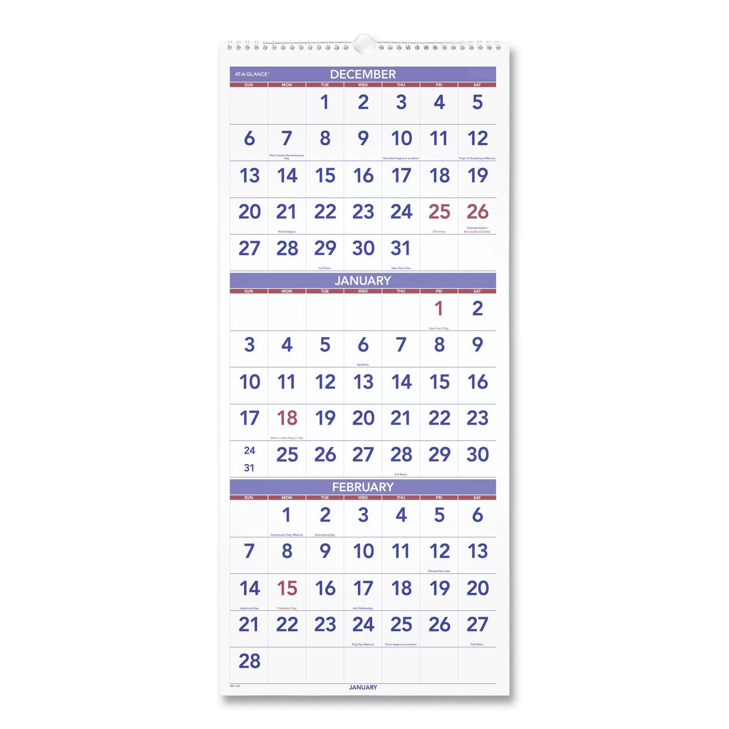 AT-A-GLANCE Deluxe Three-Month Reference Wall Calendar, Vertical Orientation, 12 x 27, White Sheets, 14-Month (Dec to Jan): 2022 to 2024