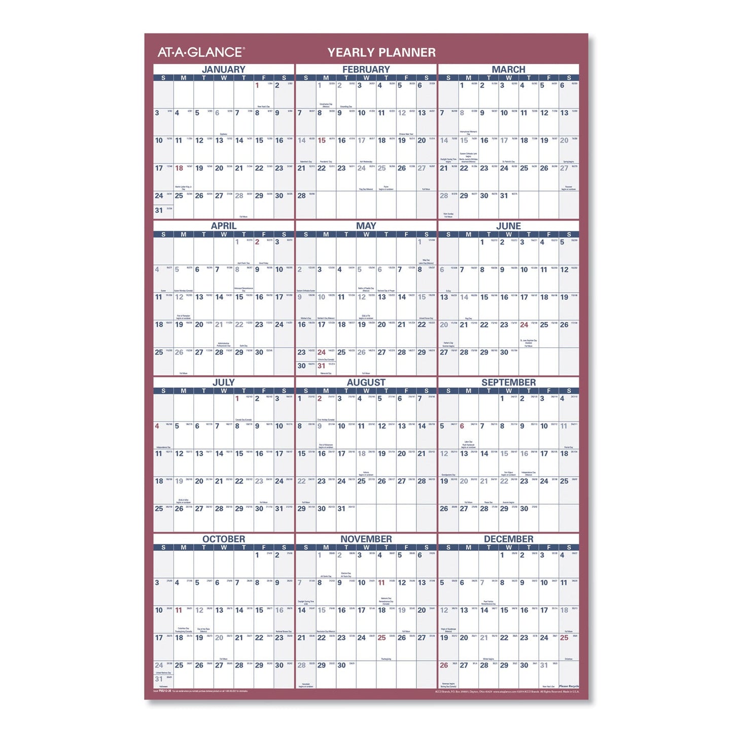 AT-A-GLANCE Vertical/Horizontal Wall Calendar, 24 x 36, White/Blue/Red Sheets, 12-Month (Jan to Dec): 2023