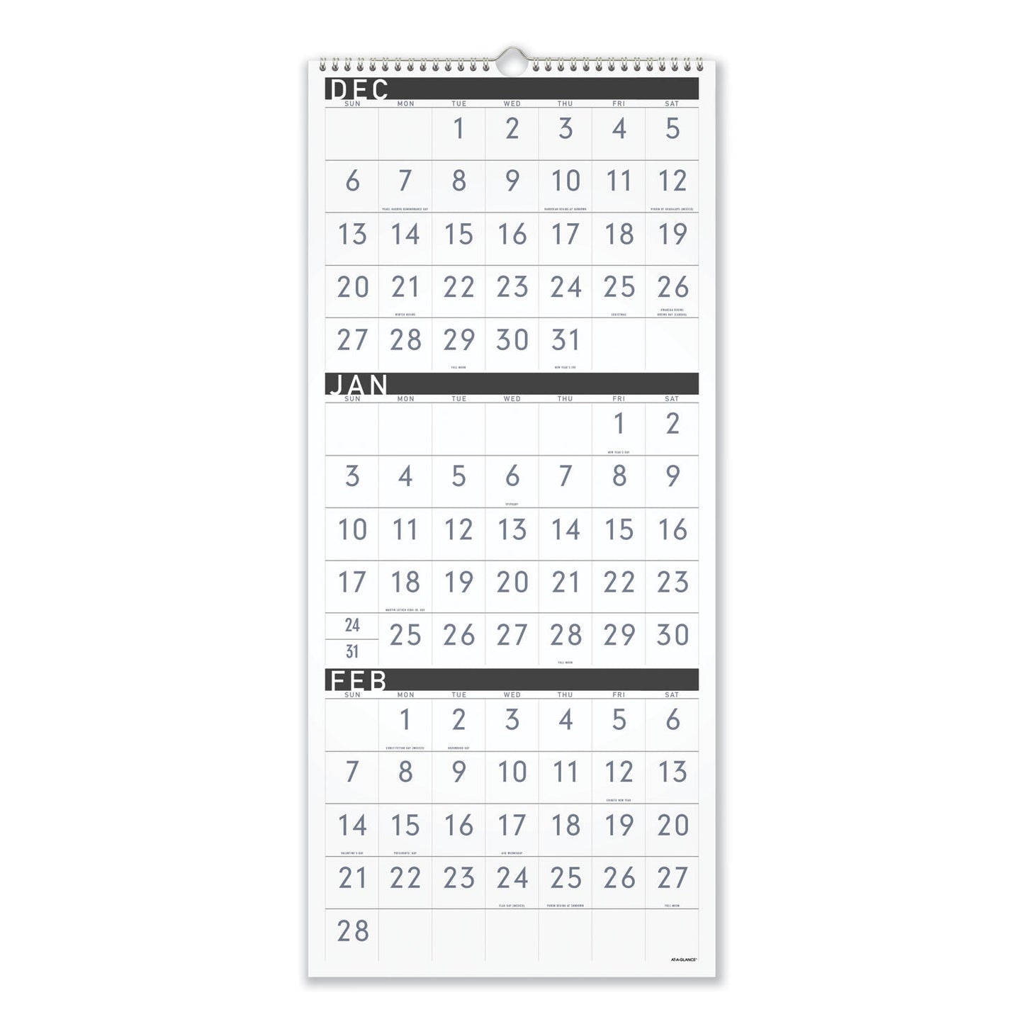 AT-A-GLANCE Three-Month Reference Wall Calendar, Contemporary Artwork/Formatting, 12 x 27, White Sheets, 15-Month (Dec-Feb): 2022 to 2024