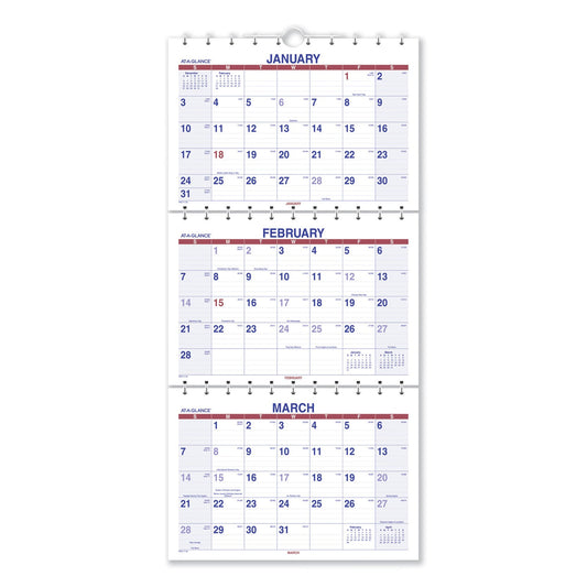 AT-A-GLANCE Move-A-Page Three-Month Wall Calendar, 12 x 27, White/Red/Blue Sheets, 15-Month (Dec to Feb): 2022 to 2024