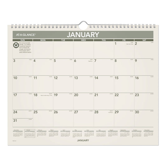 AT-A-GLANCE Recycled Wall Calendar, Unruled Blocks, 15 x 12, Sand/Green Sheets, 12-Month (Jan to Dec): 2023