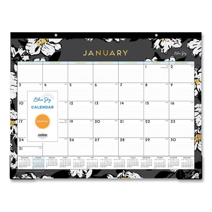 Blue Sky Baccara Dark Desk Pad, Baccara Dark Floral Artwork, 22 x 17, White/Black Sheets, Black Binding, Clear Corners, 2023