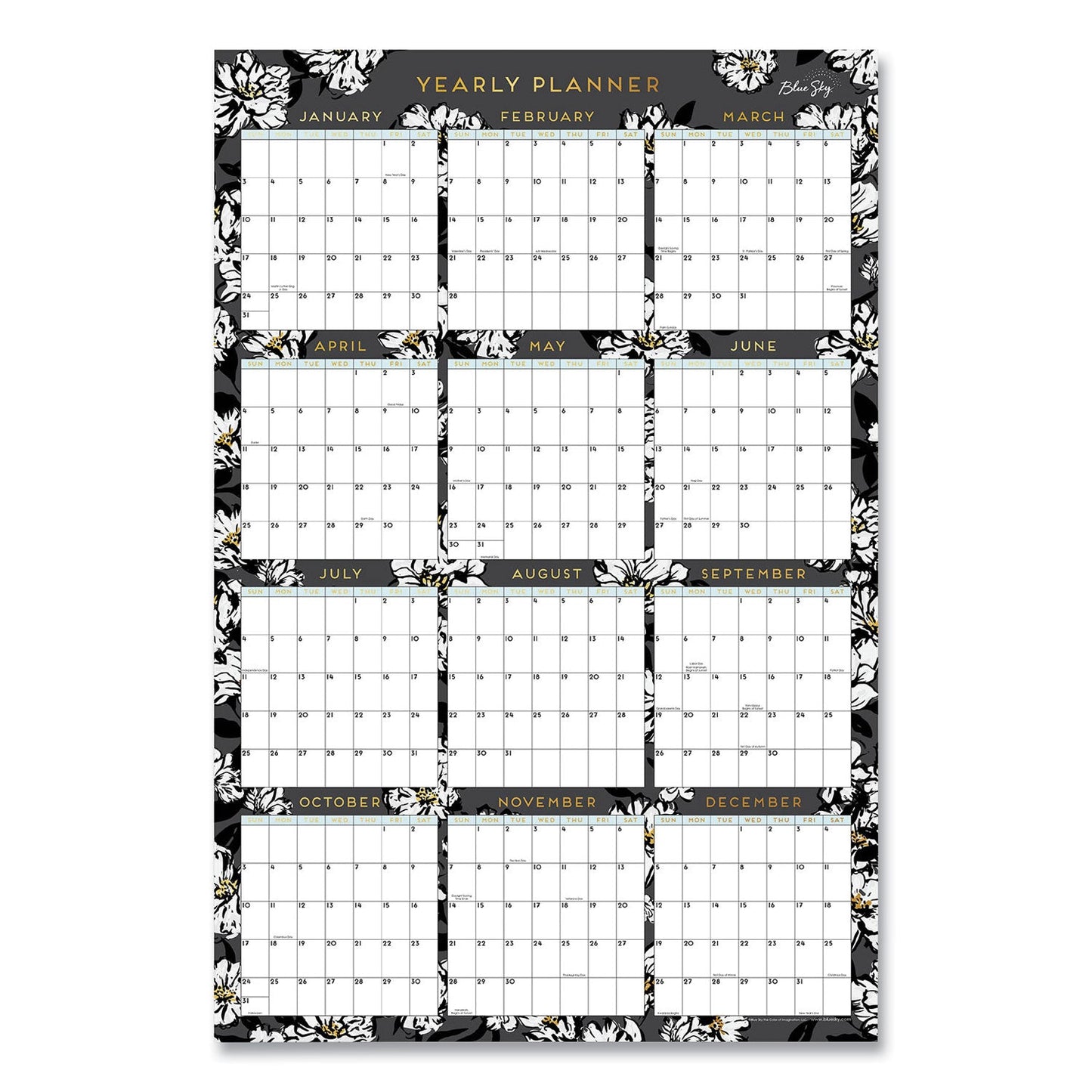 Blue Sky Baccara Dark Laminated Erasable Wall Calendar, Floral Artwork, 36 x 24, White/Black/Gold Sheets, 12-Month (Jan-Dec): 2023