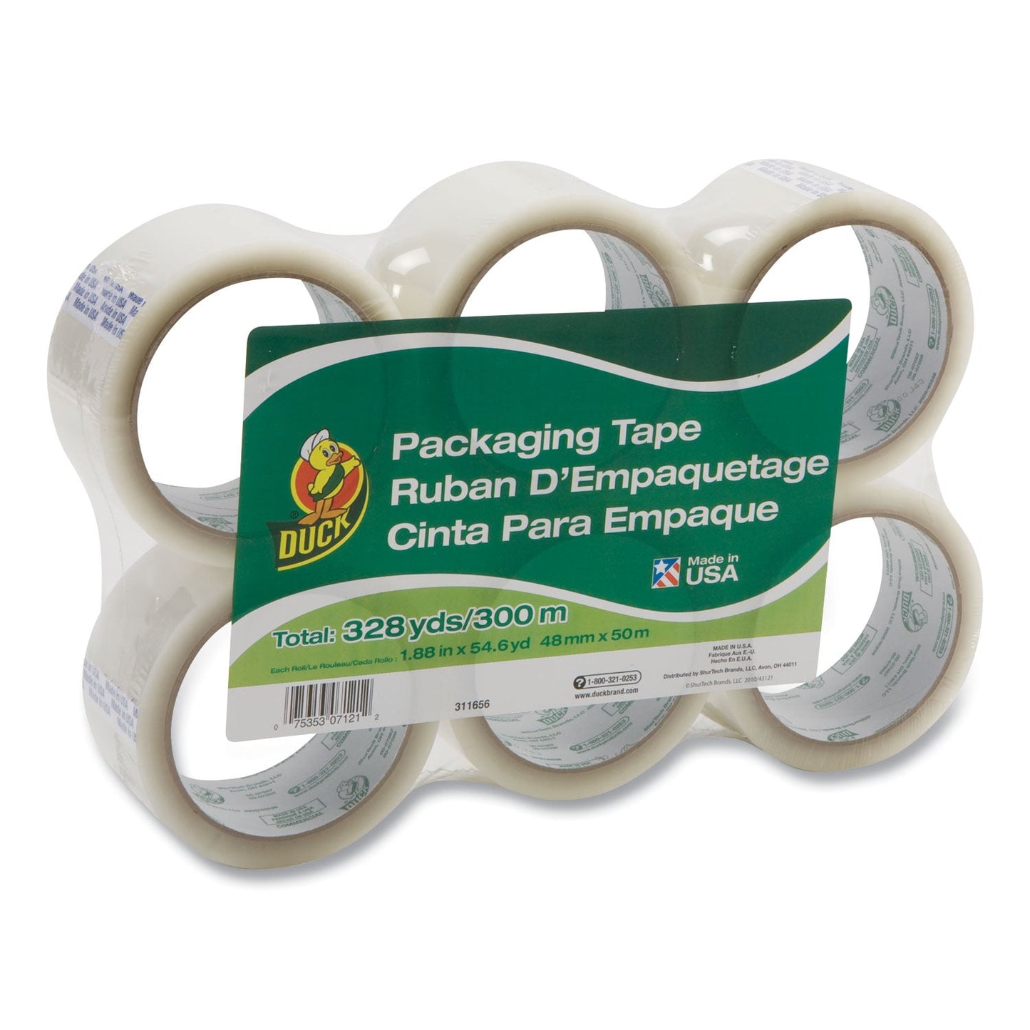 Duck Commercial Grade Packaging Tape, 3" Core, 1.88" x 55 yds, Clear, 6/Pack