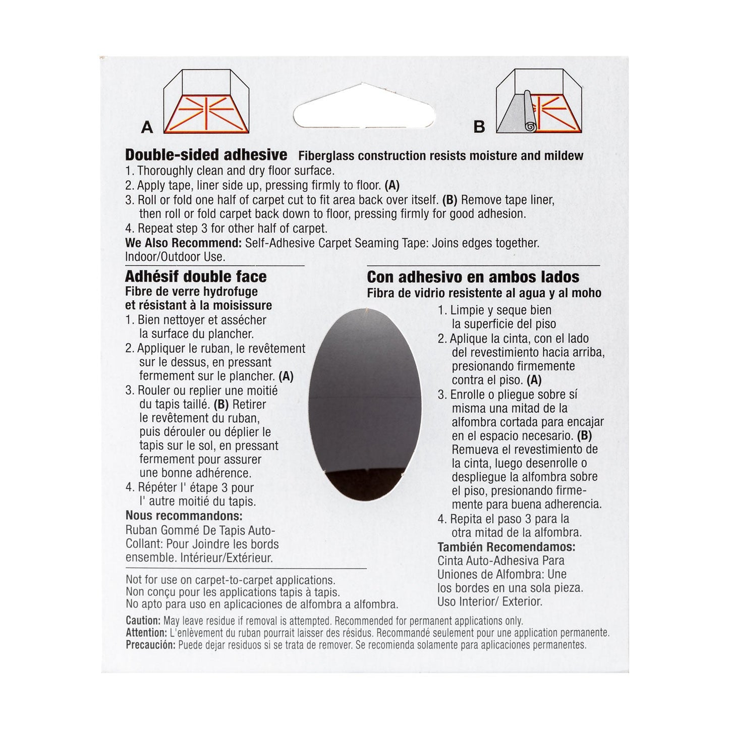 Duck Carpet Tape, 3" Core, 1.88" x 75 ft, White