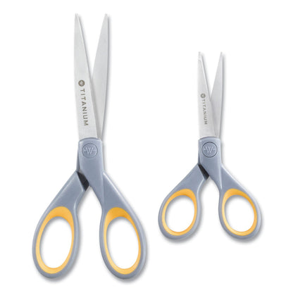 Westcott Titanium Bonded Scissors, 5" and 7" Long, 2.25" and 3.5" Cut Lengths, Gray/Yellow Straight Handles, 2/Pack