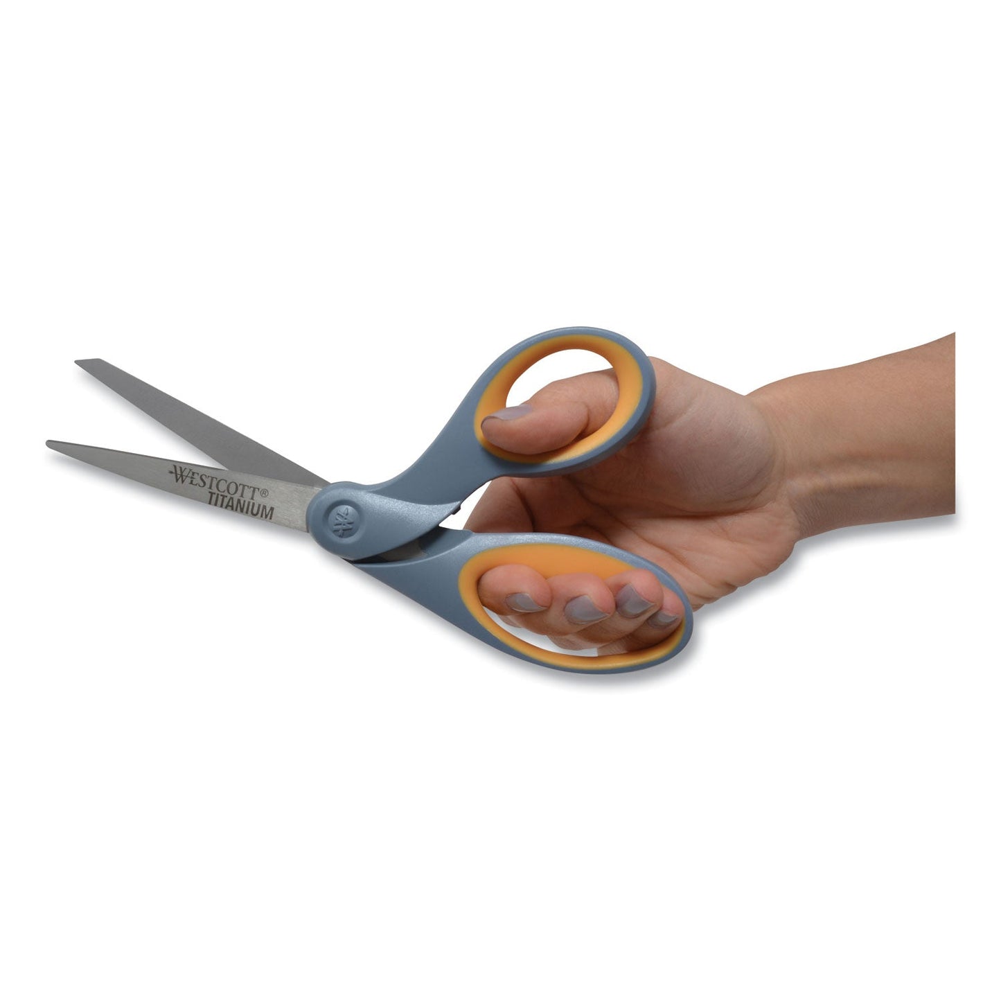 Westcott Titanium Bonded Scissors, 8" Long, 3.5" Cut Length, Gray/Yellow Offset Handle