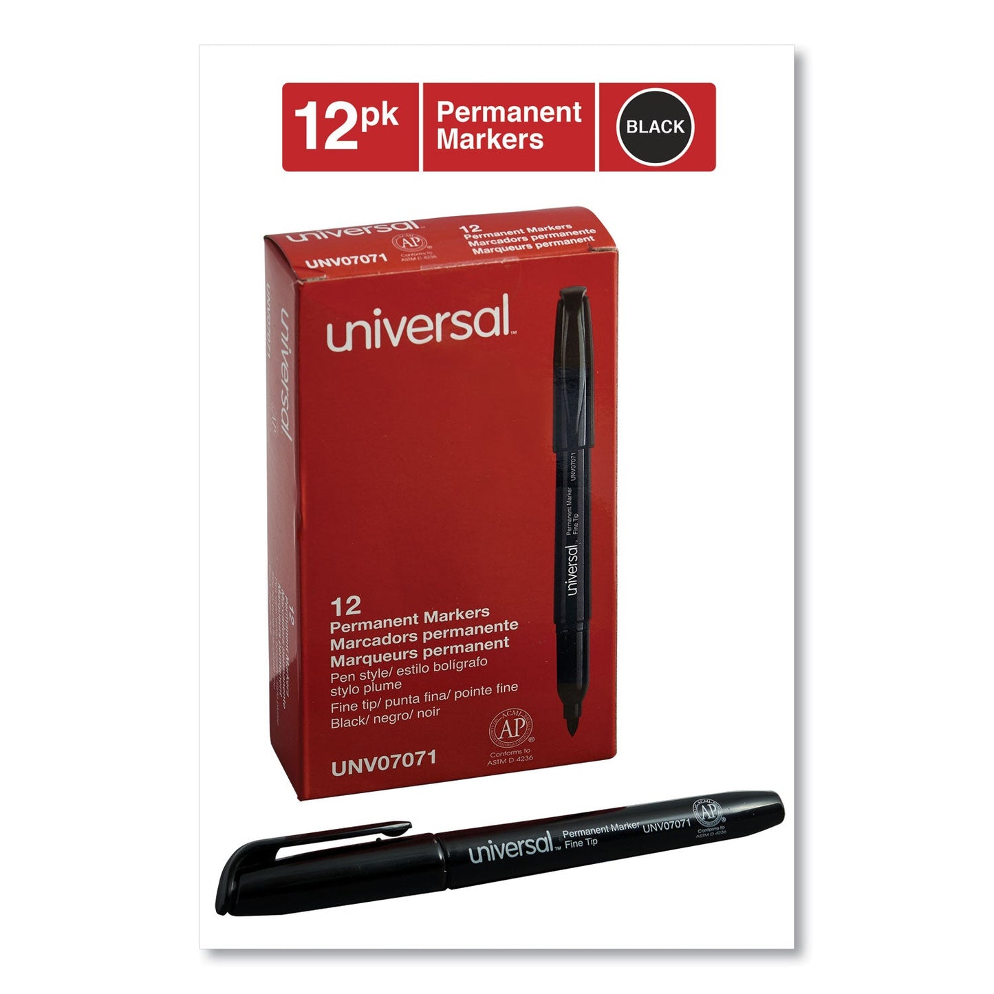 Universal Pen-Style Permanent Marker, Fine Bullet Tip, Black, Dozen