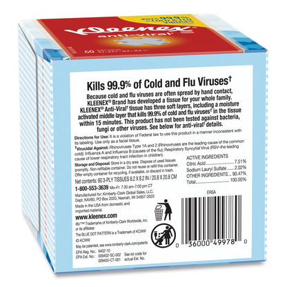 Kleenex Anti-Viral Facial Tissue, 3-Ply, White, 60 Sheets/Box, 27 Boxes/Carton