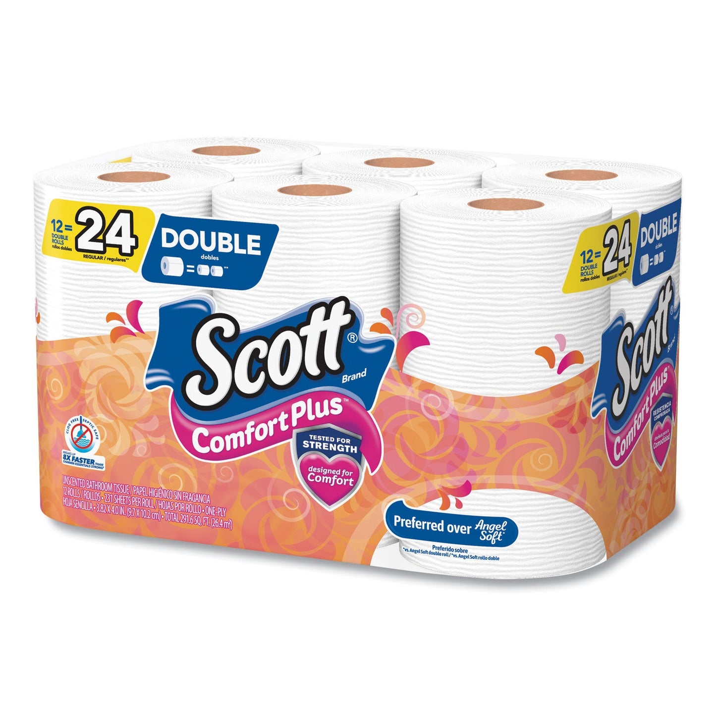 Scott ComfortPlus Toilet Paper, Double Roll, Bath Tissue, Septic Safe, 1-Ply, White, 231 Sheets/Roll, 12 Rolls/Pack, 4 Packs/Carton