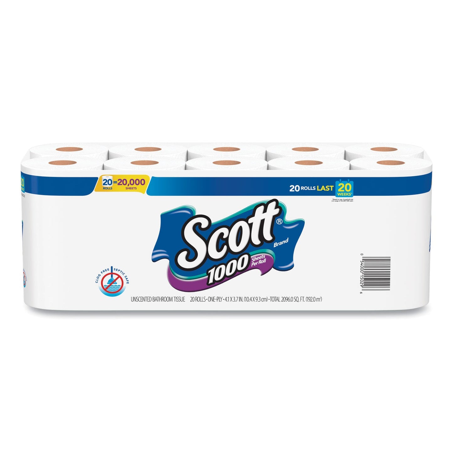 Scott 1000 Bathroom Tissue, Septic Safe, 1-Ply, White, 1,000 Sheet/Roll, 20/Pack