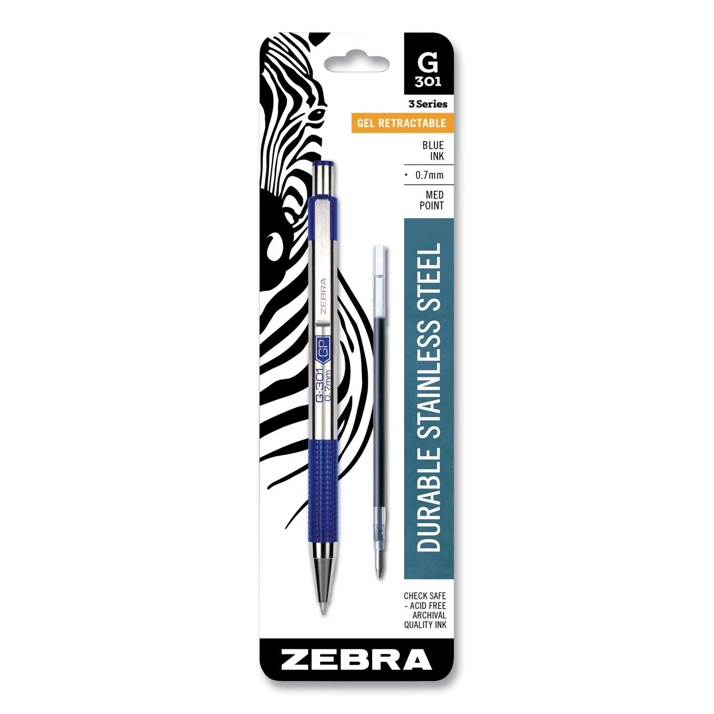 Zebra G-301 Gel Pen, Retractable, Medium 0.7 mm, Blue Ink, Stainless Steel/Blue Barrel