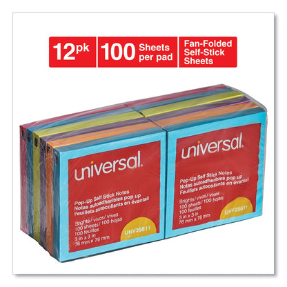 Universal Fan-Folded Self-Stick Pop-Up Note Pads, 3" x 3", Assorted Bright Colors, 100 Sheets/Pad, 12 Pads/Pack