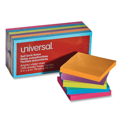 Universal Self-Stick Note Pads, 3" x 3", Assorted Bright Colors, 100 Sheets/Pad, 12 Pads/Pack