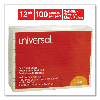 Universal Self-Stick Note Pads, Note Ruled, 4" x 6", Yellow, 100 Sheets/Pad, 12 Pads/Pack