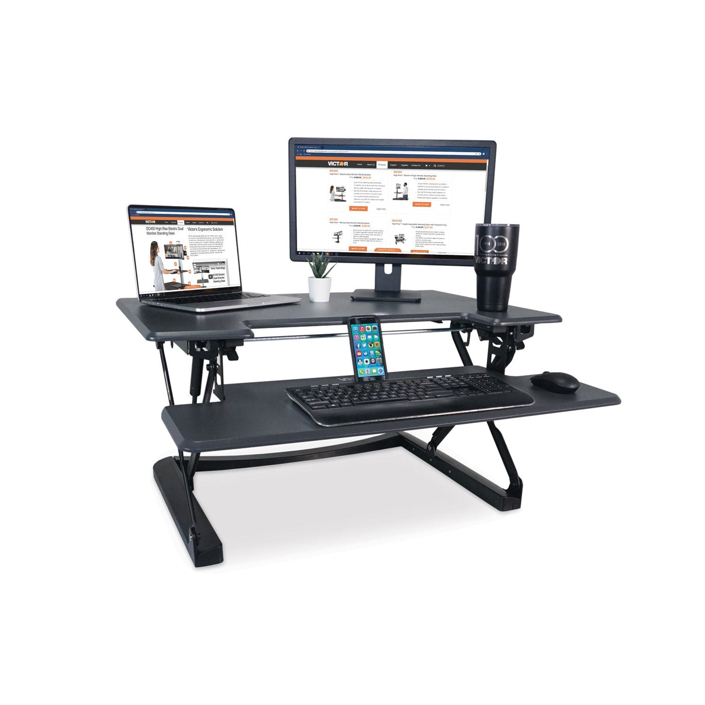 Victor High Rise Height Adjustable Standing Desk with Keyboard Tray, 36" x 31.25" x 5.25" to 20", Gray/Black