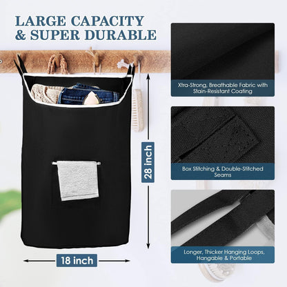 The Fine Living Co. Large Hanging Laundry Hamper with Over Door Hooks & Adhesive Durable Space Saving Laundry Bag with Zipper and Wide Open Top Hanging Dorm Laundry Hamper 18 x4.75 x28  (Black L)